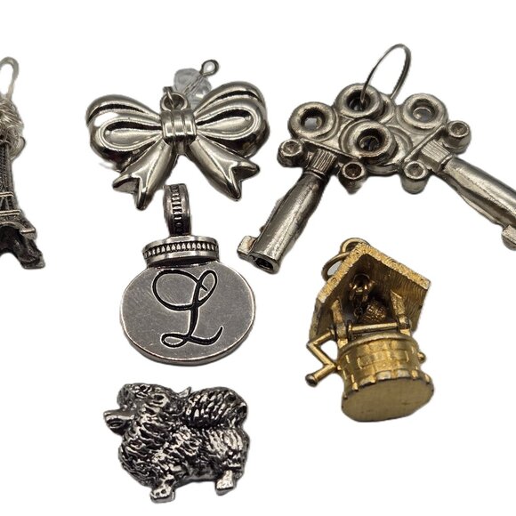 6 Charming Charms Eiffel Tower Bow Keys L  Wishing Well Chow Dog Silver & Gold - Picture 3 of 10